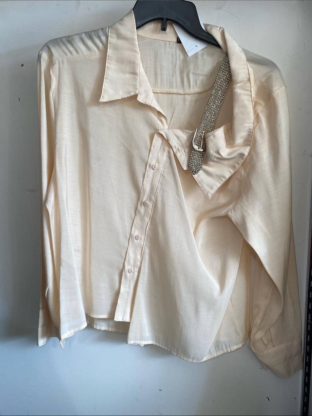 Womens Cream Silk-Look Button-Down Blouse with rhinestone buckle collar.